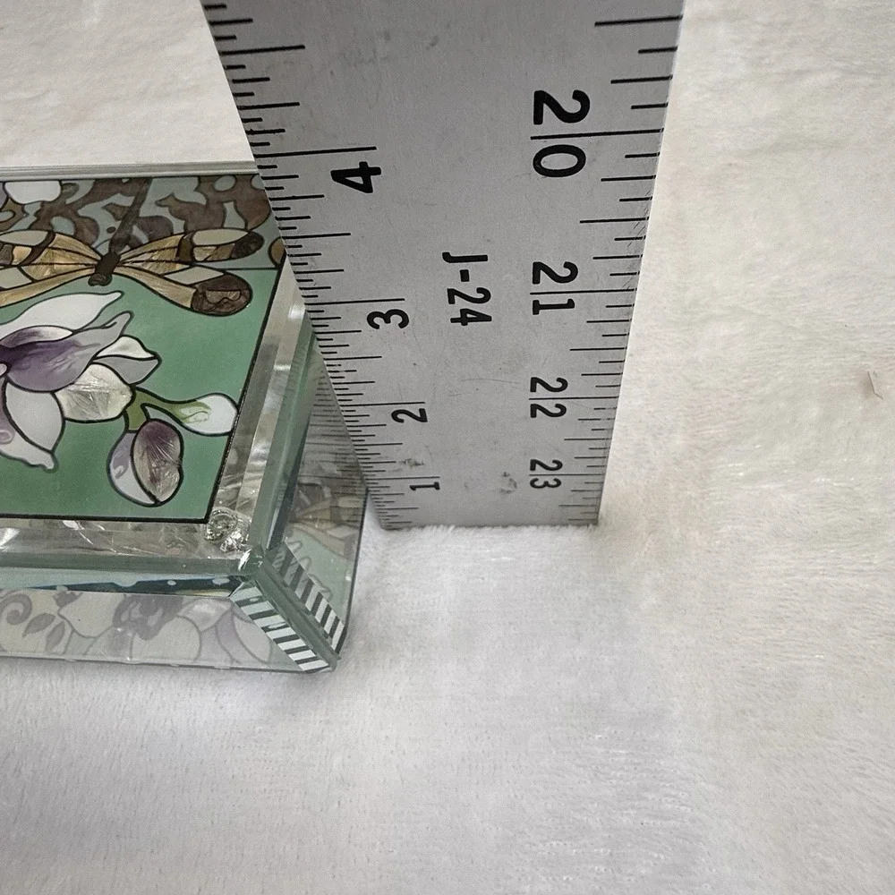 Joan Baker Designs Hand Painted Glass Trinket Box Dragonfly Orchid Floral